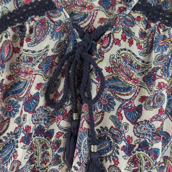 Daniel Rainn Blouse Womens Large Paisley Boho Top Blue Red Long Sleeve Polyester - Picture 5 of 11
